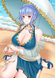  absurdres alternate_breast_size beach bikini blue_bikini blue_footwear blue_hair blue_nails blue_sarong blush braid breasts brown_eyes collarbone commentary commission crown_braid female fingernails fire_emblem fire_emblem:_three_houses fire_emblem_heroes gold_trim grin highres holding holding_umbrella large_breasts looking_at_viewer marianne_von_edmund marianne_von_edmund_(summer) nail_polish official_alternate_costume parasol rynn_(darknescorez) sand sandals sarong short_hair sidelocks sitting smile solo swimsuit toenail_polish toenails toes umbrella water wet 