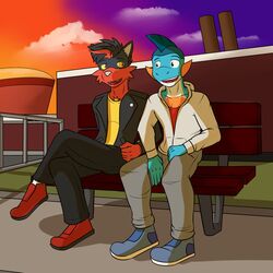  1:1 anthro anthrofied bench clothed clothing duo evening fully_clothed fuze gao_(fuze) generation_3_pokemon generation_7_pokemon hi_res lucas_(fuze) male marshtomp nintendo outside pokemon pokemon_(species) sitting torracat 