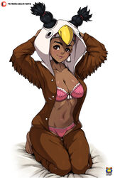  absurdres alternate_breast_size alternate_costume animal_hood arms_behind_head arms_up artist_name barefoot bird_hood black_hair bra breasts cleavage collarbone cosplay dark-skinned_female dark_skin english_commentary female headband highres hood kigurumi kyoffie lace-trimmed_bra lace_trim large_breasts lily_hawk navel onesie panties patreon_logo patreon_username pink_bra pink_panties seiza sitting solo stomach street_fighter street_fighter_6 twintails underwear web_address 