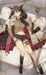  7t absurdres ahoge arknights bed_sheet black-framed_eyewear black_socks bracelet breasts brown_coat brown_hair brown_shorts brown_sweater buttons chinese_commentary coat day feather_hair female from_above full_body glasses hair_between_eyes highres indoors jewelry large_buttons long_sleeves looking_at_viewer lying material_growth medium_breasts medium_hair midriff name_tag navel on_back open_clothes open_coat orange_eyes oripathy_lesion_(arknights) parted_lips pillow rhine_lab_logo ribbed_sweater round_eyewear shade short_shorts shorts silence_(arknights) sleeves_past_wrists socks solo strap sunlight sweater test_tube thigh_strap thighs turtleneck turtleneck_sweater 