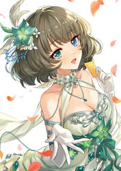  arm_ribbon bare_shoulders blue_eyes blush breasts brown_hair card chains cleavage collarbone dress elbow_gloves falling_petals feather_hair_ornament feathers female flower gloves green_eyes green_hair hair_flower hair_ornament heterochromia highres holding holding_card idolmaster idolmaster_cinderella_girls idolmaster_cinderella_girls_starlight_stage iku2727 jewelry looking_at_viewer medium_breasts mole mole_under_eye necklace open_mouth petals ribbon sash short_hair simple_background smile solo takagaki_kaede white_dress white_gloves 