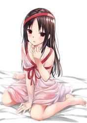  anno_masato barefoot black_hair blurry blurry_background blush chemise commentary depth_of_field feet female gift_wrapping highres kaguya-sama_wa_kokurasetai_~tensai-tachi_no_renai_zunousen~ lingerie long_hair looking_at_viewer open_mouth parted_bangs red_eyes red_ribbon ribbon shinomiya_kaguya simple_background sitting solo toes underwear wariza white_background 