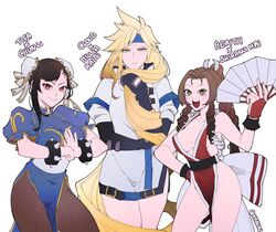  1boy 2girls aerith_gainsborough bad_id bad_twitter_id black_hair blonde_hair blue_dress bracelet braid braided_ponytail breasts brown_hair character_name china_dress chinese_clothes chun-li chun-li_(cosplay) cleavage cloud_strife cosplay crossdressing double_bun dress fatal_fury final_fantasy final_fantasy_vii folding_fan guilty_gear hair_bun hand_fan headband jewelry kyou_(ningiou) looking_at_viewer millia_rage millia_rage_(cosplay) multiple_girls open_mouth pantyhose shiranui_mai shiranui_mai_(cosplay) simple_background smile spiked_bracelet spikes street_fighter the_king_of_fighters tifa_lockhart 