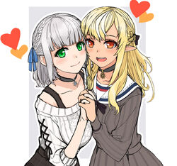  2girls black_choker blonde_hair braid breasts brown_eyes choker crown_braid dark-skinned_female dark_skin elf green_eyes grey_hair hair_behind_ear heart holding_hands hololive large_breasts long_hair looking_at_viewer medium_breasts medium_hair multiple_girls off-shoulder_sweater off_shoulder pointy_ears sailor_collar sazare_(sazare_az) shiranui_flare shiranui_flare_(street) shirogane_noel shirogane_noel_(casual) short_hair smile sweater virtual_youtuber yuri 