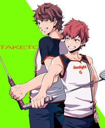  2boys ataka_takeru bad_id bad_pixiv_id badminton_racket brown_eyes brown_hair green_background grin hand_on_own_hip male_focus multiple_boys pants racket red_hair ryman&#039;s_club saeki_touya short_hair short_sleeves simple_background sleeveless smile sportswear takeda_kouki two-tone_background 