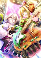  2girls ahoge alternate_hairstyle artoria_pendragon_(fate) blonde_hair braid braided_bun breasts concert cowboy_shot dress electric_guitar fate/grand_order fate_(series) frilled_dress frills from_below glasses green_eyes gu-rahamu_omega_x guitar hair_between_eyes hair_bun heart highres instrument jewelry long_hair looking_at_viewer medium_breasts multiple_girls mysterious_idol_x_alter_(fate) nero_claudius_(fate) nero_claudius_(fate/extra) nero_claudius_(lostroom_outfit)_(fate) official_alternate_costume open_mouth plectrum ponytail ring smile truss yellow_eyes 