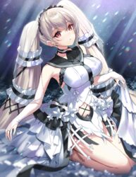  azur_lane bad_id bad_pixiv_id bare_shoulders black_choker black_sailor_collar bow breasts bridal_gauntlets choker clothing_cutout commentary dress dress_bow dress_flower elbow_gloves feather_dress female formidable_(azur_lane) formidable_(timeless_classics)_(azur_lane) gloves hair_ornament highres kiki-yu large_breasts long_hair looking_at_viewer navel_cutout official_alternate_costume platinum_blonde_hair red_eyes sailor_collar seiza sitting skirt_hold sleeveless sleeveless_dress solo twintails two-tone_dress two-tone_ribbon veil very_long_hair white_dress white_gloves 