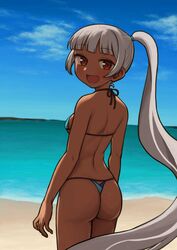  aqua_bikini ass back beach bikini blue_sky blush breasts commentary_request cowboy_shot dark-skinned_female dark_skin day female halterneck high_ponytail highres long_hair looking_at_viewer looking_back ocean omodaka_(nitera1041) orange_eyes outdoors ponytail sidelocks sky small_breasts solo sonia_(world_flipper) string_bikini swimsuit thong_bikini very_long_hair water white_hair world_flipper 