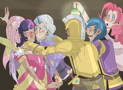  alternate_species animal_humanoid armor ball_gown blue_eyes blue_hair bodily_fluids brown_background clothed clothing dress ear_piercing ear_ring equid equid_humanoid female fluttershy_(mlp) friendship_is_magic gauntlets gloves group hair handwear hasbro headgear helmet holding_object horn horned_humanoid hug human humanoid inspired_by_formal_art lamp lantern looking_aside male mammal mammal_humanoid melee_weapon multicolored_hair my_little_pony open_mouth piercing pink_hair pinkie_pie_(mlp) purple_eyes purple_hair reaching ring_piercing royal_guard_(mlp) shining_armor_(mlp) shoulder_grab simple_background standing stevetwisp sword tears trixie_(mlp) twilight_sparkle_(mlp) unicorn_humanoid weapon white_hair winged_humanoid wings 