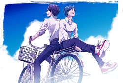  2boys :d artist_name ataka_takeru back-to-back bad_id bad_pixiv_id belt bicycle bicycle_basket black_hair black_pants blue_hair blue_sky closed_eyes cloud collared_shirt day glasses laughing long_sleeves male_focus multiple_boys multiple_riders outdoors pants riding riding_bicycle ryman&#039;s_club shiratori_mikoto_(ryman&#039;s_club) shirt shirt_tucked_in shoes short_hair sideways_mouth sky sleeves_rolled_up smile sneakers tachibana_azuma white_shirt 