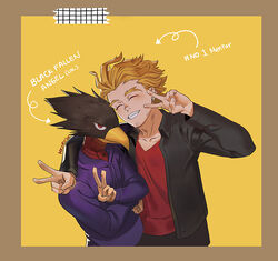  2boys animal_head arm_on_shoulder arrow_(symbol) beak bird_boy black_jacket blonde_hair blush boku_no_hero_academia border brown_border closed_mouth collarbone commentary drawstring earrings english_commentary english_text hawks_(boku_no_hero_academia) hood hoodie jacket jewelry long_sleeves looking_at_viewer male_focus mriirii multiple_boys open_clothes open_jacket purple_hoodie red_eyes red_shirt shirt short_hair signature simple_background smile standing teeth tokoyami_fumikage v yellow_background 