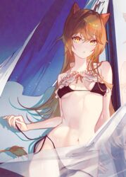  ahoge animal_ears bikini black_bikini blush breasts brown_hair crop_top female hair_between_eyes hair_intakes highres indie_virtual_youtuber lion_ears lion_girl lion_tail long_hair looking_at_viewer navel parted_lips reinene rurudo_lion side-tie_bikini_bottom small_breasts solo stomach string_bikini swimsuit tail virtual_youtuber yellow_eyes 