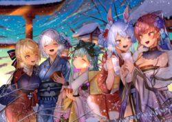  5girls absurdres animal_ears blonde_hair blue_hair bow breasts cleavage closed_eyes commentary_request cup dawn earrings elf flat_chest flower fur-trimmed_kimono fur_trim grey_hair hair_bun hair_flower hair_ornament hairbow hakama hakama_skirt hatsumoude heterochromia highres hololive hololive_fantasy houshou_marine houshou_marine_(new_year) japanese_clothes jewelry kanzashi kikkoumon kimono long_hair looking_at_another medium_breasts morning multicolored_hair multiple_girls new_year obi obiage obijime official_alternate_costume omikuji one_eye_closed open_mouth outdoors partial_commentary pink_hair pointy_ears rabbit_ears rabbit_girl red_eyes sakamiya_tsuto sakazuki sash shiranui_flare shiranui_flare_(new_year) shirogane_noel shirogane_noel_(new_year) short_hair sidelocks single_hair_bun skirt smile snow snowing stone_lantern streaked_hair sunlight sweatdrop symbol-shaped_pupils thick_eyebrows torii tsumami_kanzashi uruha_rushia uruha_rushia_(new_year) usada_pekora usada_pekora_(new_year) virtual_youtuber white_hair yellow_eyes 