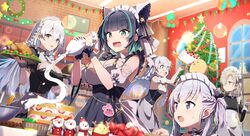  anthro apron azur_lane belchan_(azur_lane) black_hair blonde_hair breasts brown_eyes cake cheshire_(azur_lane) christmas cleavage edinburgh_(azur_lane) food gochou_(atemonai_heya) gray_eyes group hermione_(azur_lane) logo long_hair maid manjuu_(azur_lane) orange_eyes purple_eyes sheffield_(azur_lane) short_hair white_hair 