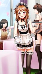  3girls apron black_apron black_panties black_ribbon black_thighhighs blush breasts brown_hair cake cake_slice cleavage coffee collarbone doukyuusei_another_world embarrassed faceless faceless_female food frilled_thighhighs frills game_cg holding holding_plate indoors kakyuusei long_hair looking_at_viewer maid_cafe maid_headdress medium_breasts multiple_girls neck_ribbon open_mouth panties plate red_eyes ribbon sideboob solo_focus thighhighs underwear very_long_hair waist_apron white_apron wrist_cuffs yuuki_mizuho 