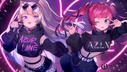  2girls anthro azur_lane bache_(azur_lane) blonde_hair blue_eyes logo long_hair purple_eyes red_hair san_diego_(azur_lane) shorts shugao sunglasses twintails underboob 