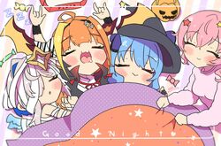  4girls ahoge alternate_costume amane_kanata anemachi angel angel_wings arms_up bandages black_bow black_hairband blanket blonde_hair blue_hair blunt_bangs blush bow bowtie candy closed_eyes closed_mouth collared_shirt colored_inner_hair commentary_request doukyo&#039;s dragon_girl dragon_horns dragon_wings drooling english_text facing_another feathered_wings food hair_ornament hairband halloween halloween_bucket halloween_costume halo hat highres holding holding_blanket hololive horn_bow horn_ornament horns hoshimachi_suisei kiryu_coco long_hair multicolored_bow multicolored_hair multiple_girls mummy_costume open_mouth orange_hair pink_hair pink_sweater pizza_box pointy_ears sakuramochi_(sakura_frappe) saliva shirt short_hair sleeping smile star_(symbol) star_hair_ornament streaked_hair striped striped_background sweater text_focus under_covers vampire_costume virtual_youtuber wavy_hair white_bow white_hair wings witch witch_hat zzz 