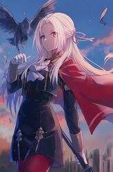  .com_(bot_com1) animal ascot axe bird black_dress cape closed_eyes closed_mouth cloud commentary_request dress eagle edelgard_von_hresvelg eyes_visible_through_hair feathers female fire_emblem fire_emblem:_three_houses forehead garreg_mach_monastery_uniform gloves hair_ribbon highres holding holding_axe holding_weapon lips long_hair long_sleeves looking_at_viewer outdoors pantyhose purple_eyes purple_ribbon red_cape red_pantyhose ribbon sidelocks sky solo uniform upper_body weapon white_ascot white_gloves white_hair 