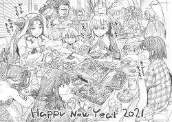  2021 3boys 6+girls absurdres ahoge berserker_(fate/zero) bowl box breasts commentary cup double_bun dress earrings eating fate/apocrypha fate/extra fate/extra_ccc fate/grand_order fate_(series) food fujimaru_ritsuka_(female) gift gift_box graphite_(medium) greyscale hair_bun hair_ribbon happy_new_year headpiece heracles_(fate) highres horns jack_the_ripper_(fate/apocrypha) jeanne_d&#039;arc_alter_santa_lily_(fate) jewelry kama_(fate) kojima_takeshi large_breasts leonidas_(fate) long_hair long_sleeves monochrome multiple_boys multiple_girls new_year one_side_up open_mouth plate ribbon scar scar_on_face scathach_(fate) scathach_skadi_(fate) sessyoin_kiara short_hair sitonai_(fate) small_breasts smile spartacus_(fate) striped striped_ribbon table tiara traditional_media translated wavy_hair yang_guifei_(fate) 