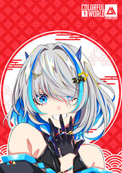  2021 absurdres bare_shoulders black_gloves black_shirt blue_eyes blue_hair chinese_zodiac commentary_request egasumi eyebrows_hidden_by_hair female gloves grey_hair grin hair_ornament hair_over_one_eye half_gloves hand_up highres horns looking_at_viewer multicolored_hair off_shoulder original red_background shirt sleeveless sleeveless_shirt smile solo star_(symbol) star_hair_ornament two-tone_hair year_of_the_ox yuuta_(yuuta0312) 