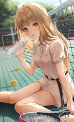  ball belt blonde_hair blurry blurry_background blush bottle brown_eyes female highres long_hair looking_at_viewer on_ground open_mouth original outdoors polo_dress racket shadow short_sleeves sitting solo tennis tennis_ball tennis_court tennis_net tennis_racket water water_bottle zattape 