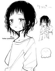  absurdres blush commentary_request crying crying_with_eyes_open greyscale highres knees_up kuze_shizuka looking_at_viewer monochrome parted_lips shirt short_sleeves signature simple_background sitting sofra takopii takopii_no_genzai tears translated twitter_username two_side_up white_background 