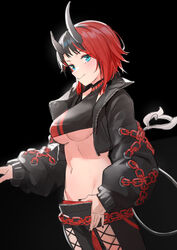  absurdres black_background black_hair black_jacket black_pants black_shirt blue_eyes breasts chains closed_mouth cowboy_shot crop_top cropped_jacket demon_girl demon_horns demon_tail female highres horns jacket large_breasts long_sleeves looking_at_viewer midriff mr.lime multicolored_hair nanashi_inc. navel open_clothes open_jacket pants puffy_sleeves red_hair ryugasaki_rene ryugasaki_rene_(1st_costume) shirt short_hair simple_background sleeveless sleeveless_shirt solo stomach sugar_lyric tail two-tone_hair underboob virtual_youtuber 