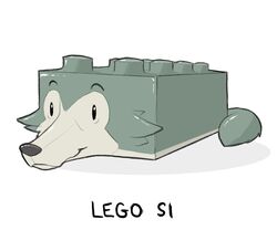  2020 animate_inanimate beastars black_nose blursed_image canid canine canis cheek_tuft dot_eyes facial_tuft feral hi_res humor icon lego lego_brick legoshi_(beastars) male mammal meme owo pun simple_background smile solo taga text tuft uwu visual_pun white_background wolf 