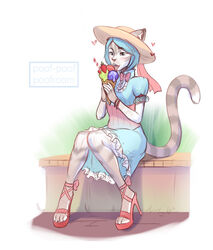  2020 4_toes 5_fingers anthro blue_eyes blue_hair clothed clothing digital_media_(artwork) domestic_cat feet felid feline felis female fingers footwear hair hi_res high_heels mammal poofroom shoes sitting smile solo toes 