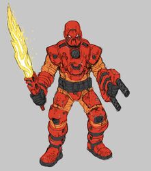  1boy 1other armor bionicle fire flaming_sword flaming_weapon grey_background highres holding holding_weapon jeetdoh kanohi_(bionicle) lego mask red_eyes robot sword tahu_(bionicle) the_lego_group weapon 