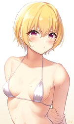  arm_behind_back bikini blonde_hair breasts collarbone commentary_request female gradient_background hair_between_eyes highres idolmaster idolmaster_shiny_colors kijibato_123-gou looking_at_viewer medium_breasts red_eyes saijo_juri short_hair simple_background solo sweat swimsuit upper_body white_background white_bikini yellow_background 