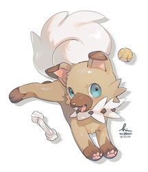  ball blue_eyes bone commentary_request fangs full_body hideko_(l33l3b) highres looking_at_viewer no_humans open_mouth pokemon pokemon_(creature) rockruff solo toes twitter_username 