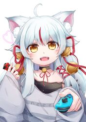  ahoge animal_ears bare_shoulders bell blush choker commission commissioner_upload controller fangs female fox_ears game_controller hair_bell hair_ornament handheld_game_console highres holding holding_controller indie_virtual_youtuber joy-con kamiko_kana long_hair looking_at_viewer multicolored_hair neck_bell nintendo_switch open_clothes open_mouth petite playing_games red_hair skeb_commission smile solo spaghetti_strap strap_slip streaked_hair teeth virtual_youtuber white_background white_hair yakihamu 