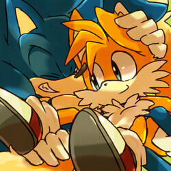  1:1 2013 anthro blue_body blue_eyes blue_fur bukikobuta canid canine closed_eyes clothing duo eulipotyphlan footwear fox fur gloves grin hand_on_head handwear hedgehog low_res male mammal sega shoes sitting smile sonic_the_hedgehog sonic_the_hedgehog_(series) tails white_body white_fur yellow_body yellow_fur 