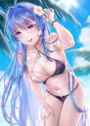  ahoge azur_lane bare_shoulders bent_over bikini black_bikini blue_hair blue_nails blush bracelet breasts criss-cross_halter female flower hair_flower hair_ornament halterneck hand_on_own_thigh hand_up helena_(azur_lane) helena_(shimmering_triangle_wave)_(azur_lane) highres jewelry kurono_hyouka long_hair looking_at_viewer medium_breasts nail_polish navel official_alternate_costume open_mouth outdoors palm_tree purple_eyes smile solo swimsuit teeth tree twitter_username two-tone_bikini upper_teeth_only very_long_hair wet white_bikini white_flower 