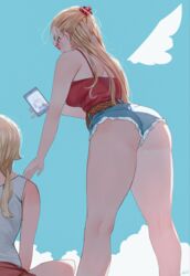  2girls ass bare_arms bare_legs bare_shoulders belt blonde_hair blue_eyes blue_shorts brown_belt camisole cellphone claw_hair_clip drawn_wings from_behind fur-trimmed_shorts fur_trim highres holding holding_phone kneepits long_hair multiple_girls original phone red-framed_eyewear red-tinted_eyewear red_shirt ryusei_hashida shirt short_shorts shorts smartphone spaghetti_strap standing sunglasses tinted_eyewear white_shirt 