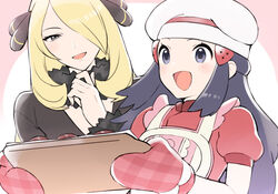  2girls :d apron black_hair blonde_hair chef_hat coat commentary_request cynthia_(pokemon) dawn_(palentine&#039;s_2021)_(pokemon) dawn_(pokemon) dress eyelashes fur_collar grey_eyes hair_ornament hand_up hat highres holding holding_tray long_hair multiple_girls official_alternate_costume open_mouth oven_mitts pokemon pokemon_dppt pokemon_masters_ex short_sleeves smile tongue tray tudurimike white_headwear 