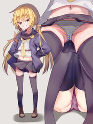  absurdres armband black_skirt black_thighhighs blonde_hair blue_jacket commentary_request crescent crescent_pin female highres jacket kantai_collection logiclr long_hair long_sleeves low_twintails miniskirt multiple_views navel neckerchief open_clothes open_jacket panties pleated_skirt polka_dot polka_dot_panties purple_panties satsuki_(kancolle) satsuki_kai_ni_(kancolle) school_uniform serafuku skirt striped_clothes striped_panties thighhighs twintails underwear yellow_eyes yellow_neckerchief 