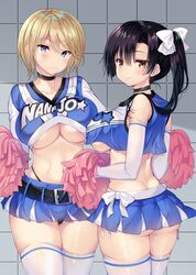  2girls arm_warmers ass bare_shoulders belt black_choker black_hair blonde_hair blue_eyes blue_shirt blue_skirt bow breasts butt_crack cheerleader choker clothes_writing cowboy_shot crop_top crop_top_overhang elbow_gloves frown gakkou_de_seishun! gloves hairbow highleg highleg_panties highres holding holding_pom_poms kamino_saori kuwahara_hazuki large_breasts long_hair long_sleeves looking_at_viewer midriff miniskirt multiple_girls navel panties pleated_skirt pom_pom_(cheerleading) red_eyes sanshoku_amido see-through shirt short_hair side-tie_panties side-tie_peek side_ponytail skirt sleeveless sleeveless_shirt smile standing stomach sweat sweatdrop thighhighs thighs thong underboob underwear white_bow white_thighhighs 