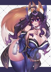  :d absurdres animal_ear_fluff animal_ears antenna_hair bare_shoulders bow breasts choker cleavage collarbone cosplay crawling_dreams detached_sleeves fate/extra fate_(series) female fluffy fox_ears fox_girl fox_tail hair_between_eyes hair_ornament hair_ribbon hand_on_own_chest highres japanese_clothes kimono large_breasts nyarla_(osiimi) open_mouth osiimi purple_eyes purple_hair purple_nails ribbon sharp_teeth sidelocks smile solo standing tail tamamo_(fate) tamamo_no_mae_(fate/extra) tamamo_no_mae_(fate/extra)_(cosplay) teeth thighhighs twintails 