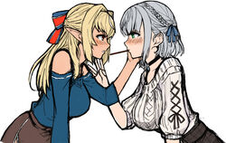  2girls blonde_hair blue_bow blush bow braid breasts brown_eyes brown_skirt crown_braid dark-skinned_female dark_skin elf food from_side green_eyes grey_hair grey_sweater hairbow hand_on_another&#039;s_cheek hand_on_another&#039;s_face hololive large_breasts long_hair medium_breasts multiple_girls plaid plaid_skirt pocky pocky_kiss pointy_ears sazare_(sazare_az) shiranui_flare shirogane_noel shirogane_noel_(casual) short_hair skirt sweater virtual_youtuber yuri 