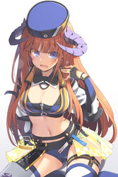  arknights bagpipe_(arknights) bagpipe_(queen_no._1)_(arknights) bare_shoulders black_gloves blue_shorts breasts cleavage commentary_request cowboy_shot crop_top duplicate elbow_gloves female fingerless_gloves gloves hand_up hat highres horns long_hair looking_at_viewer medium_breasts midriff navel official_alternate_costume open_mouth orange_hair purple_eyes satou_kibi short_shorts shorts showgirl_skirt simple_background sitting solo sweat thighhighs thighs very_long_hair white_background white_thighhighs yokozuwari 