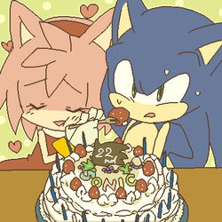  1:1 2013 aliasing amy_rose anthro birthday birthday_cake blue_body blue_fur bodily_fluids bukikobuta cake candle closed_eyes clothing cutlery dessert digital_media_(artwork) dress duo eulipotyphlan female food footwear fork fruit fur green_eyes heart_symbol hedgehog holding_food holding_fork holding_object kitchen_utensils low_res mammal open_mouth pink_body pink_fur plant red_clothing red_dress sega shoes sonic_the_hedgehog sonic_the_hedgehog_(series) strawberry sweat tools 