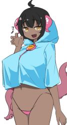  ahoge black_hair blue_hoodie breasts character_request chase_chase_jokers claw_pose commentary_request cowboy_shot crop_top crop_top_overhang cropped_hoodie dark-skinned_female dark_skin female highres hood hood_down hoodie horizontal_pupils horns huge_breasts large_breasts looking_at_viewer nouka oerba_yun_fang open_mouth panties pink_horns pink_panties short_hair simple_background smile solo tentacle underwear white_background 