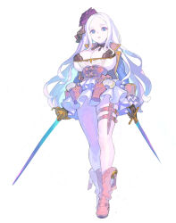  blue_eyes blue_jacket boots breasts cleavage dress dual_wielding enkyo_yuuichirou female flower forehead frilled_dress frills full_body gloves hair_flower hair_ornament high_heel_boots high_heels highres holding holding_sword holding_weapon holster huge_breasts jacket long_hair looking_at_viewer open_clothes open_jacket open_mouth original parted_bangs purple_flower purple_rose rose silva_(enkyo_yuuichirou) standing sword thigh_holster weapon white_background white_hair 