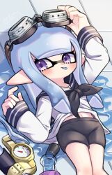  :p adjusting_eyewear amakusa_setoka bike_shorts black_shorts blue_hair blush female goggles goggles_on_head hand_on_eyewear highres inkling inkling_girl inkling_player_character long_hair lying midriff_peek navel on_back pointy_ears purple_eyes sailor_collar sailor_shirt shirt shorts solo splash-o-matic_(splatoon) splatoon_(series) splatoon_3 tentacle_hair tongue tongue_out 