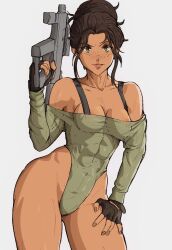  bare_shoulders black_gloves breasts brown_eyes brown_hair cleavage collarbone commentary contrapposto covered_abs cowboy_shot cyberpunk_(series) cyberpunk_2077 english_commentary female fingerless_gloves freckles gloves gun hair_bun hand_on_own_thigh highleg highleg_leotard highres holding holding_gun holding_weapon leotard light_smile medium_breasts off-shoulder_leotard panam_palmer single_hair_bun solo submachine_gun thick_thighs thighs toned_female v-shaped_eyebrows weapon yoracrab 