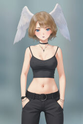  belt black_belt black_camisole black_choker black_pants blue_eyes blurry blurry_background bracelet breast_tattoo breasts brown_hair camisole choker collarbone covered_nipples cowboy_shot cross cross_necklace eunie_(xenoblade) female grey_background hands_in_pockets head_wings highres inverted_cross_earrings jewelry large_breasts looking_at_viewer midriff miura-n315 navel necklace pants purple_lips short_hair solo tattoo watch white_wings wings wristwatch xenoblade_chronicles_(series) xenoblade_chronicles_3 