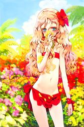  bandeau bare_shoulders bikini blonde_hair blue_eyes blue_sky blush bush charlotte_francia cloud commentary_request covering_own_mouth cowboy_shot dated day female flat_chest flower hair_flower hair_ornament holding holding_flower long_hair looking_at_viewer navel outdoors oyari_ashito petals quartett! red_bikini redrawn signature sky solo stomach swimsuit wavy_hair 