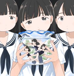  6+girls absurdres black_eyes black_hair blue_neckerchief blue_one-piece_swimsuit blush bowl breasts closed_mouth commentary_request competition_swimsuit dot_nose expressionless fishbowl grey_background head_tilt highres holding holding_bowl long_hair looking_at_another looking_at_viewer medium_hair mini_person minigirl multiple_girls nagomurasan neckerchief one-piece_swimsuit original sailor_collar sailor_shirt shirt short_sleeves small_breasts smile swimming swimsuit white_sailor_collar white_shirt 